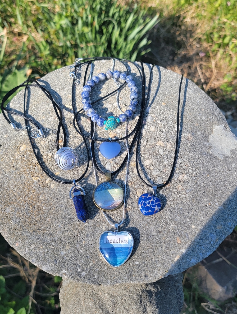 Handcrafted Set Of 7 Blue Beach-Themed Heart  Pendant Necklace and Bracelet Set